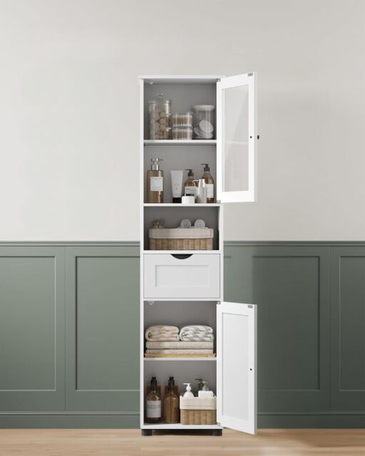 VASAGLE Tall Slim Bathroom Cabinet with Glass Door & Open Shelf in White - image 1