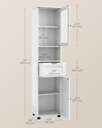 VASAGLE Tall Slim Bathroom Cabinet with Glass Door & Open Shelf in White - thumbnail 2
