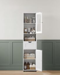 VASAGLE Tall Slim Bathroom Cabinet with Glass Door & Open Shelf in White - thumbnail 1