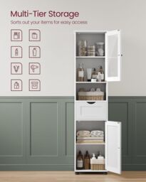 VASAGLE Tall Slim Bathroom Cabinet with Glass Door & Open Shelf in White - thumbnail 3