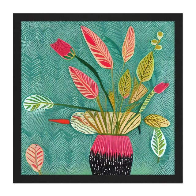 "Artery8 Wall Art Print Triostar Plant Vibrant Textured Pot Green Red Pink Tricolour Square Framed Picture 16X16 Inch in Black - Size: W16"" x H16""" - image 1