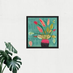 "Artery8 Wall Art Print Triostar Plant Vibrant Textured Pot Green Red Pink Tricolour Square Framed Picture 16X16 Inch in Black - Size: W16"" x H16""" - thumbnail 2