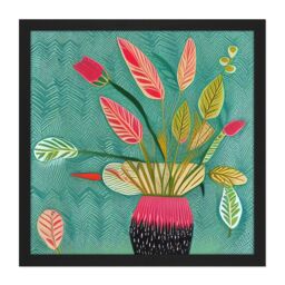 "Artery8 Wall Art Print Triostar Plant Vibrant Textured Pot Green Red Pink Tricolour Square Framed Picture 16X16 Inch in Black - Size: W16"" x H16""" - thumbnail 1