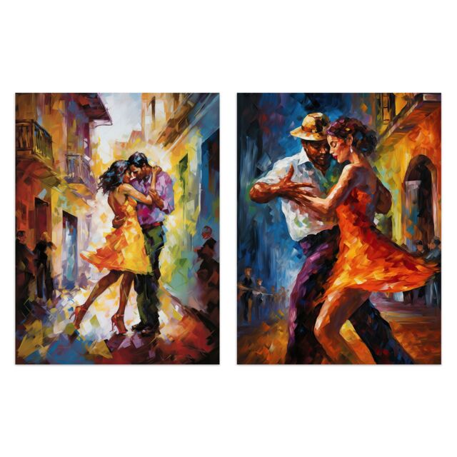 Artery8 Wall Art Print Set of 2 s Salsa Street Dance Latina Vibrant Oil Paint 2 Pack Poster Living Room s - Size: A4 - image 1