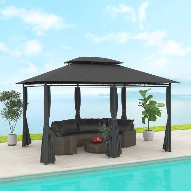 OUTSUNNY 4m x 3(m) Outdoor 2-Tier Steel Frame Gazebo w/ Curtains Outdoor Garden in Black