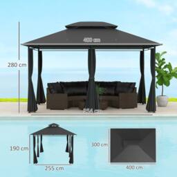 OUTSUNNY 4m x 3(m) Outdoor 2-Tier Steel Frame Gazebo w/ Curtains Outdoor Garden in Black - thumbnail 3
