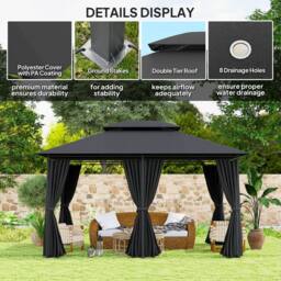 OUTSUNNY 4m x 3(m) Outdoor 2-Tier Steel Frame Gazebo w/ Curtains Outdoor Garden in Black - thumbnail 6