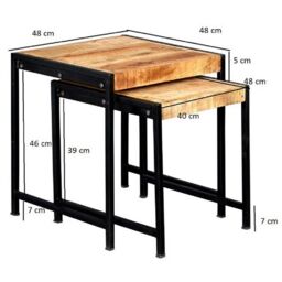 Indian Hub Cosmo Industrial Nest of 2 Tables - Solid Mango Wood L48.5xW48.5xH51cm in Brown - thumbnail 4