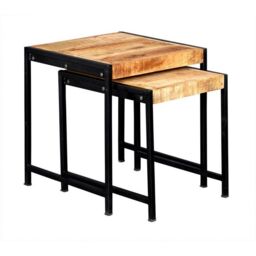 Indian Hub Cosmo Industrial Nest of 2 Tables - Solid Mango Wood L48.5xW48.5xH51cm in Brown - thumbnail 1