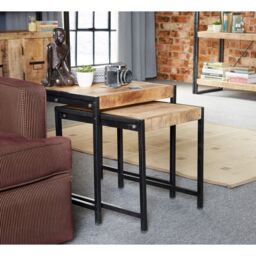 Indian Hub Cosmo Industrial Nest of 2 Tables - Solid Mango Wood L48.5xW48.5xH51cm in Brown - thumbnail 3