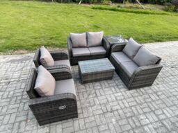 Fimous Rattan Garden Furniture Set 6 Seater Patio Outdoor Lounge Sofa Set with 2 Reclining Chairs Rectangular Coffee Table Side Table in Dark Grey - thumbnail 2