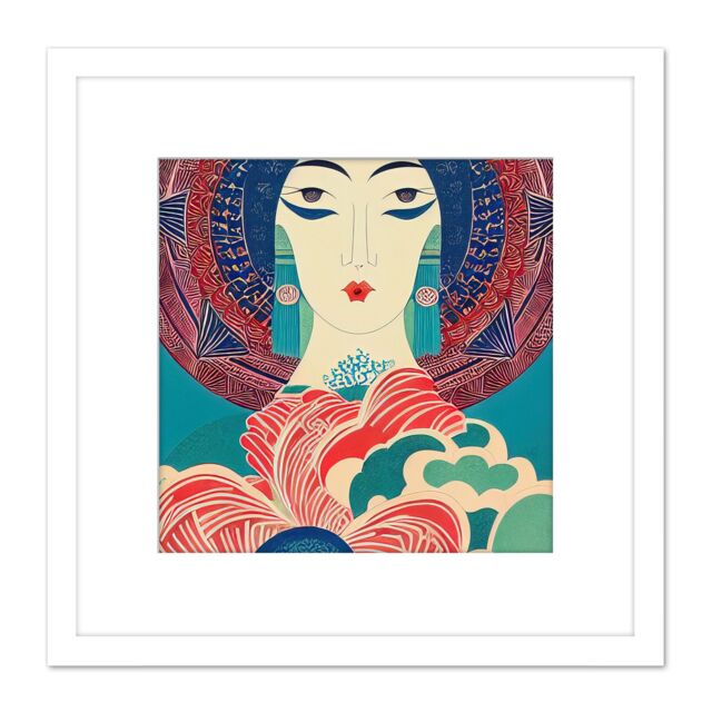 Artery8 Geisha Art Deco Portrait Blue Pink Red Pattern Linocut Illustration Square Wooden Framed Wall Art Print Picture 8X8 Inch in White - image 1