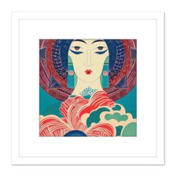 Artery8 Geisha Art Deco Portrait Blue Pink Red Pattern Linocut Illustration Square Wooden Framed Wall Art Print Picture 8X8 Inch in White - thumbnail 1