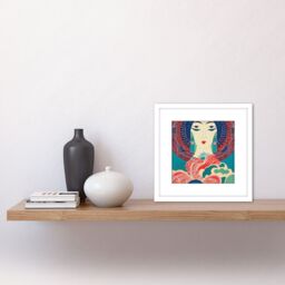 Artery8 Geisha Art Deco Portrait Blue Pink Red Pattern Linocut Illustration Square Wooden Framed Wall Art Print Picture 8X8 Inch in White - thumbnail 2