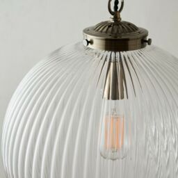 Loops Hanging Ceiling Pendant Light BRASS & RIBBED GLASS Large Round Lamp Shade Holder in Clear - thumbnail 3