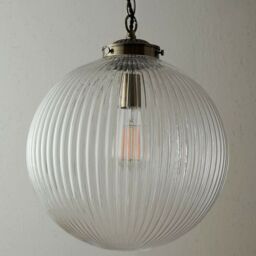 Loops Hanging Ceiling Pendant Light BRASS & RIBBED GLASS Large Round Lamp Shade Holder in Clear - thumbnail 5