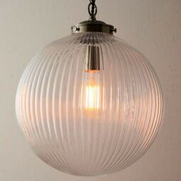 Loops Hanging Ceiling Pendant Light BRASS & RIBBED GLASS Large Round Lamp Shade Holder in Clear - thumbnail 4