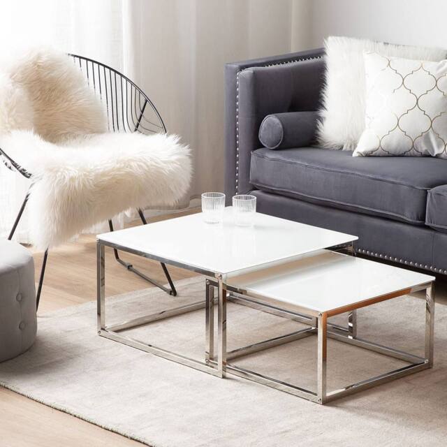 Wyld and Coco Nesting Coffee Tables white glass top silver frame - image 1