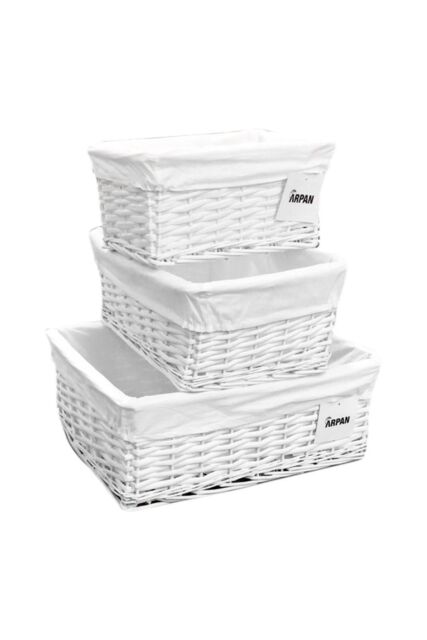 Arpan Set Of 3 White Wicker Gift Hamper Storage Basket With White Cloth Lining