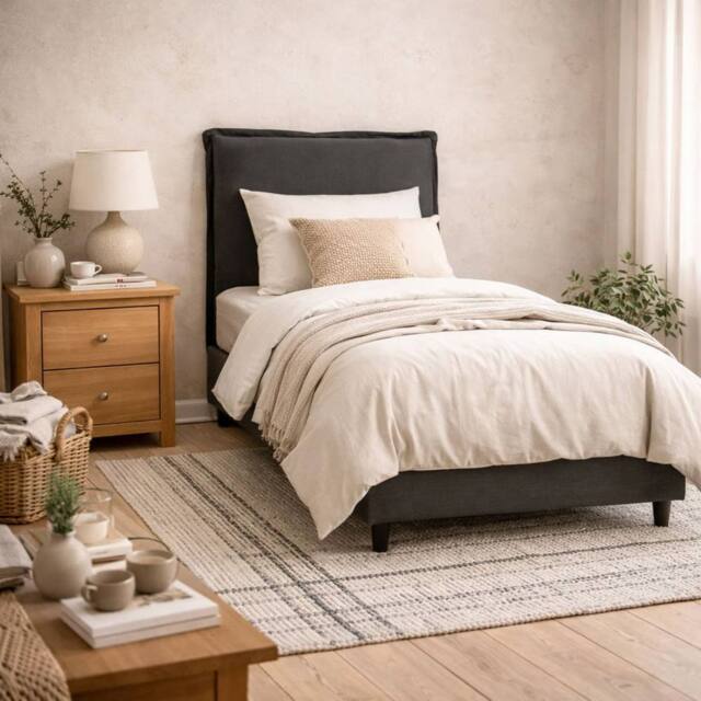 Wyld Haus Wexford 3ft Single Bed Deep Grey Linen Upholstered Pillow Headboard in Dark Grey - image 1
