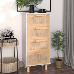 Berkfield Home Sideboard White 40x30x90 cm Solid Wood Pine & Natural Rattan - Size: 40 x 30 x 90 cm - thumbnail 2