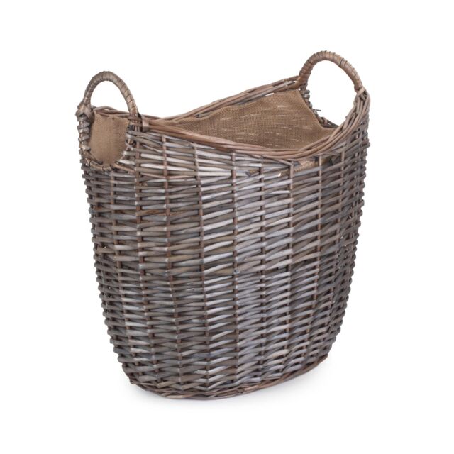 Red Hamper Wicker Scoop Neck Antique Wash Hessian Lined Log Basket in Brown - image 1