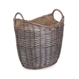 Red Hamper Wicker Scoop Neck Antique Wash Hessian Lined Log Basket in Brown