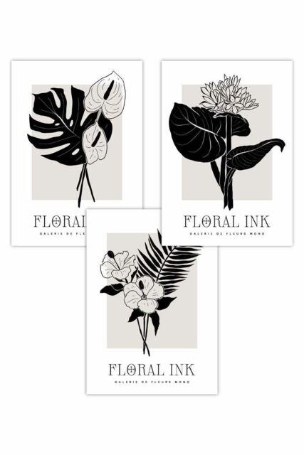 ARTZE Set of 3 Floral Sketch Ink Botanical Leaves in Black Art Posters - Size: W50 cm x H70 cm - image 1