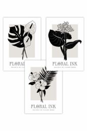 ARTZE Set of 3 Floral Sketch Ink Botanical Leaves in Black Art Posters - Size: W50 cm x H70 cm - thumbnail 1