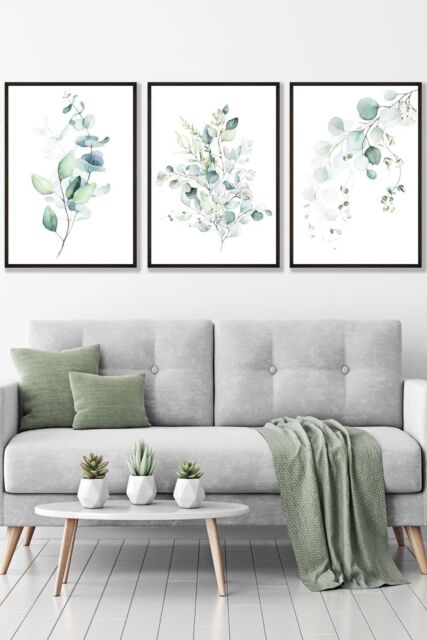 ARTZE Set of 3 Black Framed Green Blue Watercolour Eucalyptus Set 3 Wall Art in Light Green - Size: W33 cm x H45 cm x D20mm - image 1
