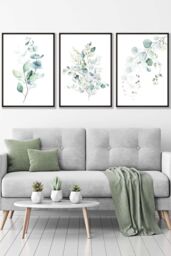 ARTZE Set of 3 Black Framed Green Blue Watercolour Eucalyptus Set 3 Wall Art in Light Green - Size: W33 cm x H45 cm x D20mm - thumbnail 1