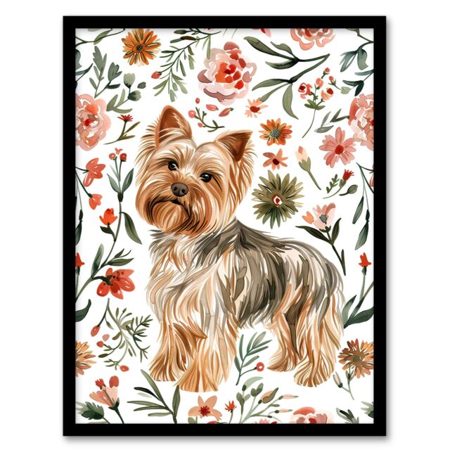 Artery8 Yorkshire Terrier Dog Lover Pink Floral Pattern Framed Wall Art - Size: A4 - image 1