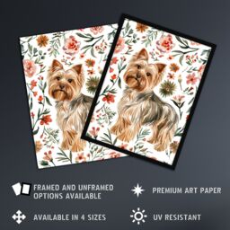 Artery8 Yorkshire Terrier Dog Lover Pink Floral Pattern Framed Wall Art - Size: A4 - thumbnail 2