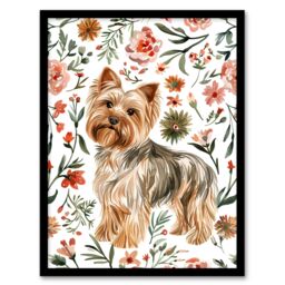 Artery8 Yorkshire Terrier Dog Lover Pink Floral Pattern Framed Wall Art - Size: A4 - thumbnail 1