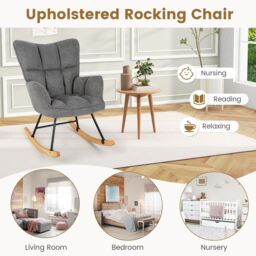 Gymax Linen Rocking Chair Accent Chair With High Backrest & Padded Armrests in Dark Grey - thumbnail 2