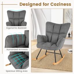 Gymax Linen Rocking Chair Accent Chair With High Backrest & Padded Armrests in Dark Grey - thumbnail 5