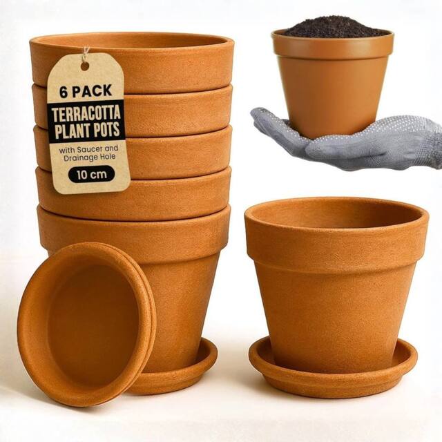 Green Thumbz 10cm Terracotta Plant Pots with Saucer for Flowers, Herbs & Plants - Pack of 6 - Size: Medium - image 1