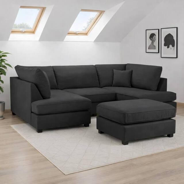 Furnishings For Less UK California Classic Fabric Black U shaped 6 Seater Sofa + Footstool - image 1