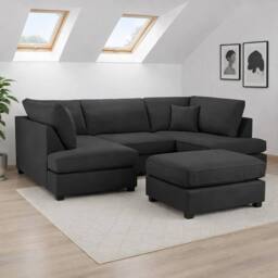 Furnishings For Less UK California Classic Fabric Black U shaped 6 Seater Sofa + Footstool - thumbnail 1