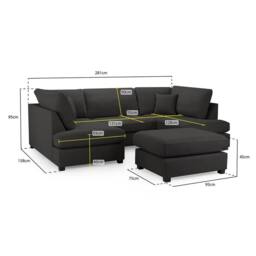 Furnishings For Less UK California Classic Fabric Black U shaped 6 Seater Sofa + Footstool - thumbnail 4