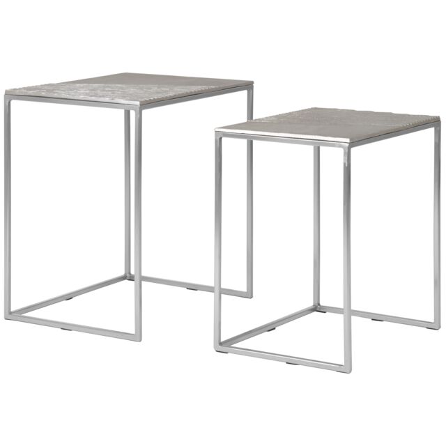Orsina Set of 2 Rectangular Side Tables, Textured Aluminium Table Tops with Nickel Finish Legs, Sleek Nesting Tables in Silver - image 1