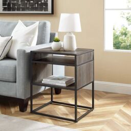 EONLION 51cm Industrial Modern Square Open Shelf Storage Sofa Side End Night Stand Table in Brown - thumbnail 2