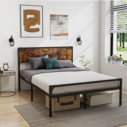 Costway Industrial Double Size Bed Frame Metal Platform Bed with 9 Support Legs in Brown - thumbnail 3