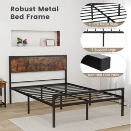 Costway Industrial Double Size Bed Frame Metal Platform Bed with 9 Support Legs in Brown - thumbnail 5