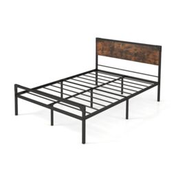Costway Industrial Double Size Bed Frame Metal Platform Bed with 9 Support Legs in Brown - thumbnail 1