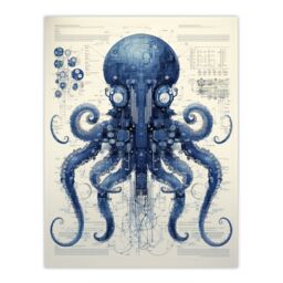 Artery8 Octopus Robot Hybrid Schematic Blueprint Futuristic Secret Complex Arcane Manuscript Gift For Him Man Cave Unframed Wall Art Print Poster - thumbnail 1