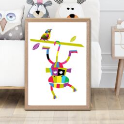 ARTZE Monkey Bright Geometric Animal Framed Print SIZE: A4 with Oak Frame - thumbnail 2