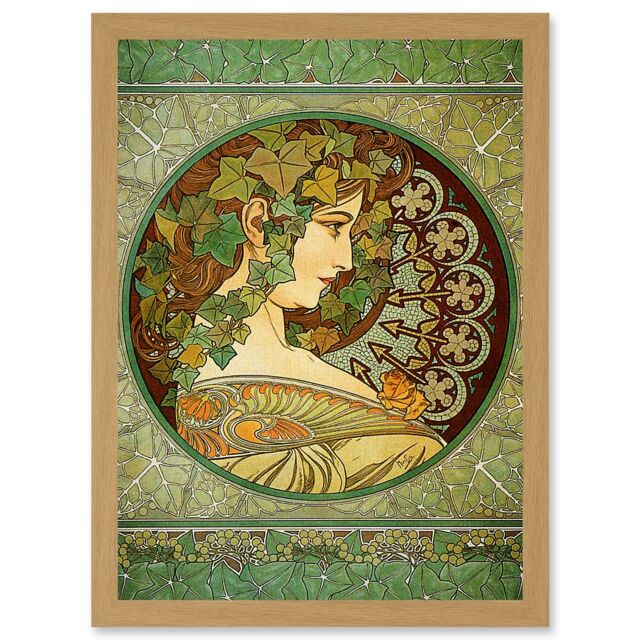 Artery8 Alphonse Mucha Laurel 1901 Art Nouveau Green Vintage Painting A4 Artwork Framed Wall Art Print in Light Oak - image 1
