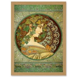 Artery8 Alphonse Mucha Laurel 1901 Art Nouveau Green Vintage Painting A4 Artwork Framed Wall Art Print in Light Oak - thumbnail 1