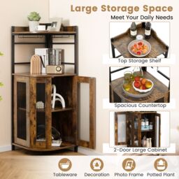 Costway Corner Bar Cabinet Industrial Wine Buffet Cabinet-Brown in Brown - thumbnail 3